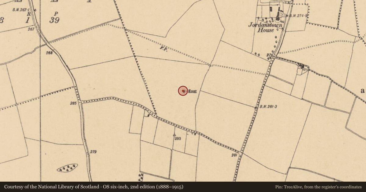Ordnance Survey six-inch map, 2nd edition (1888–1915) covering the location of Mound, Jordanstown, County Dublin, with a pin at the register's coordinates
