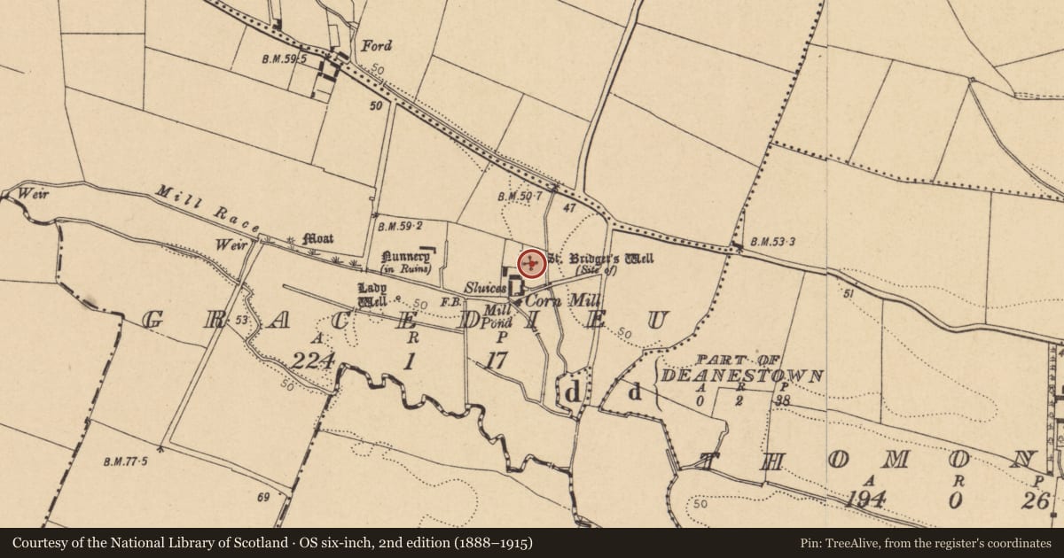 Ordnance Survey six-inch map, 2nd edition (1888–1915) covering the location of Ritual site - holy well, Gracedieu, County Dublin, with a pin at the register's coordinates