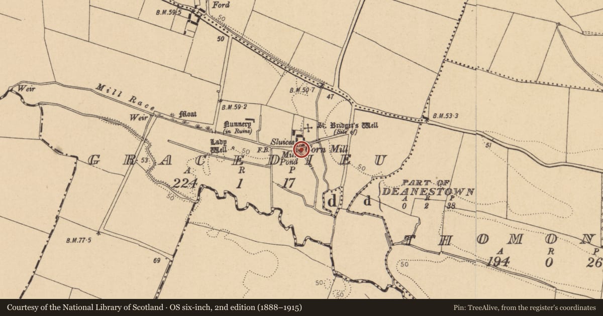 Ordnance Survey six-inch map, 2nd edition (1888–1915) covering the location of Water mill - unclassified, Gracedieu, County Dublin, with a pin at the register's coordinates