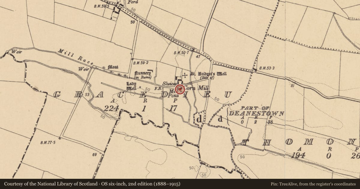 Ordnance Survey six-inch map, 2nd edition (1888–1915) covering the location of Water mill - unclassified, Gracedieu, County Dublin, with a pin at the register's coordinates