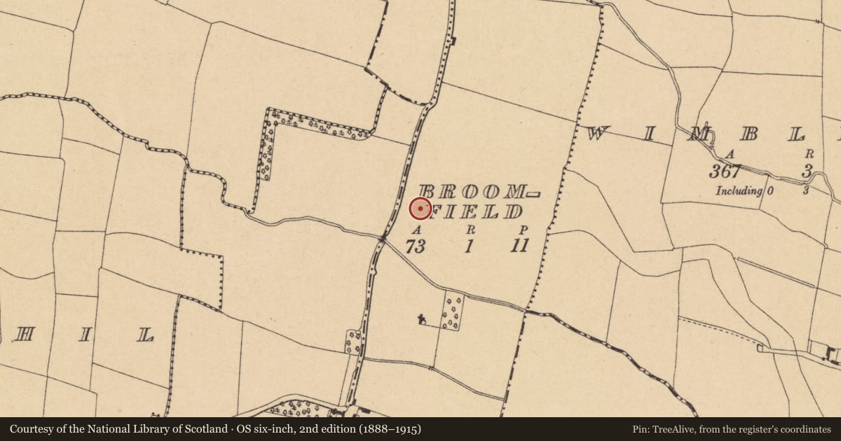 Ordnance Survey six-inch map, 2nd edition (1888–1915) covering the location of Habitation site, Broomfield, County Dublin, with a pin at the register's coordinates