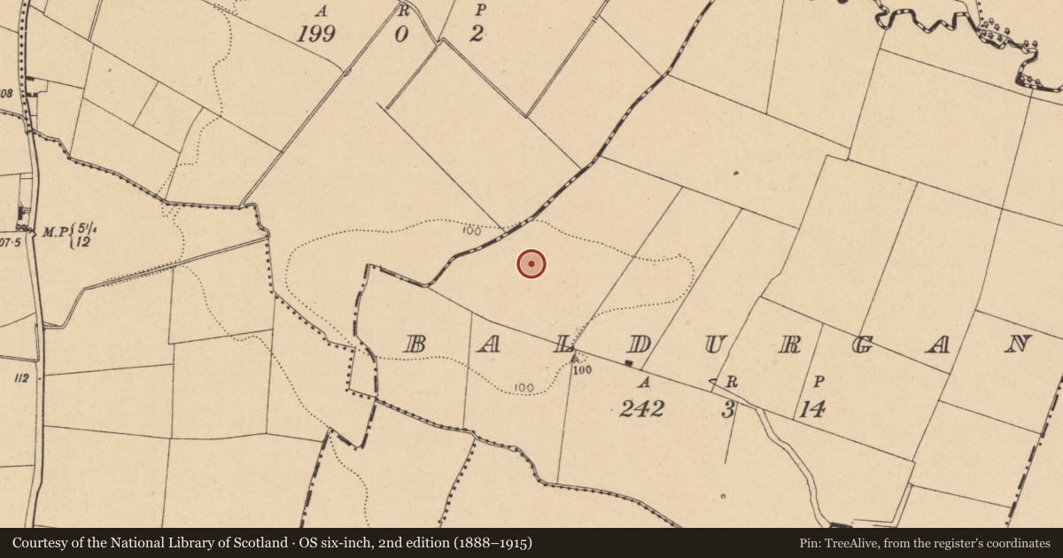 Ordnance Survey six-inch map, 2nd edition (1888–1915) covering the location of Enclosure, Baldurgan, County Dublin, with a pin at the register's coordinates