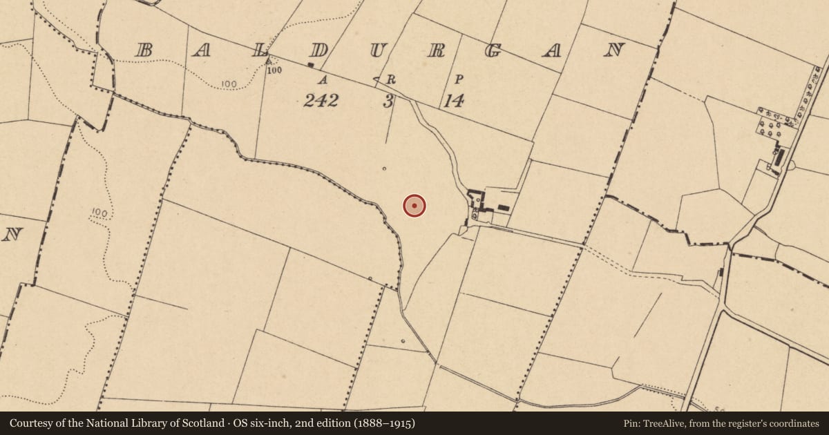 Ordnance Survey six-inch map, 2nd edition (1888–1915) covering the location of Ring-ditch, Baldurgan, County Dublin, with a pin at the register's coordinates