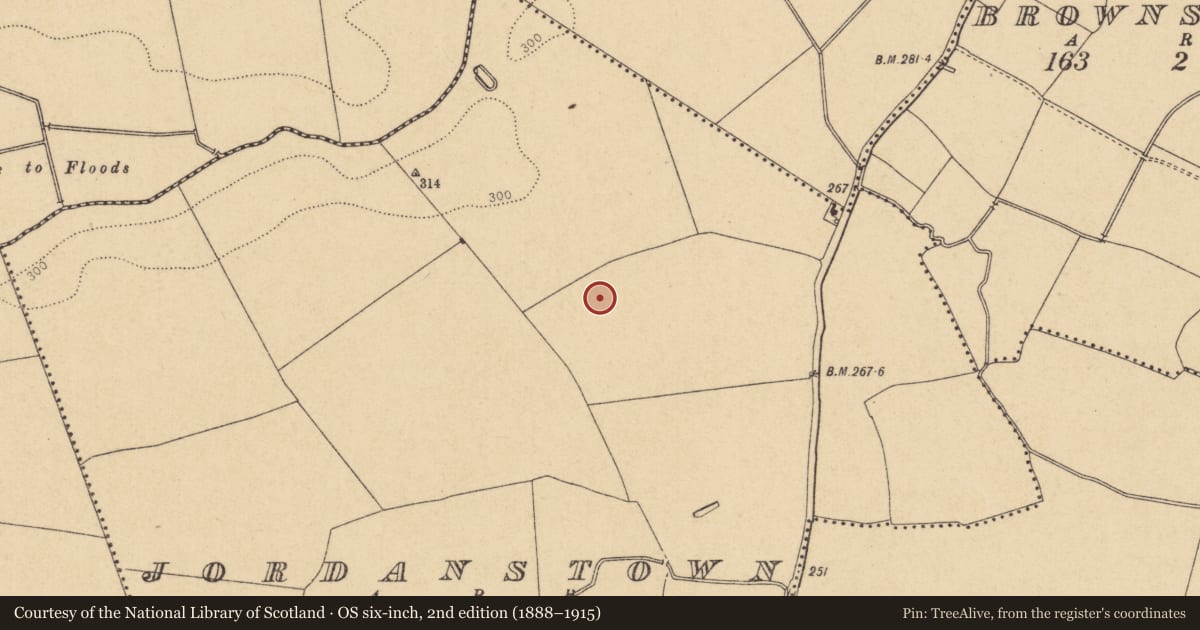 Ordnance Survey six-inch map, 2nd edition (1888–1915) covering the location of Enclosure, Jordanstown, County Dublin, with a pin at the register's coordinates