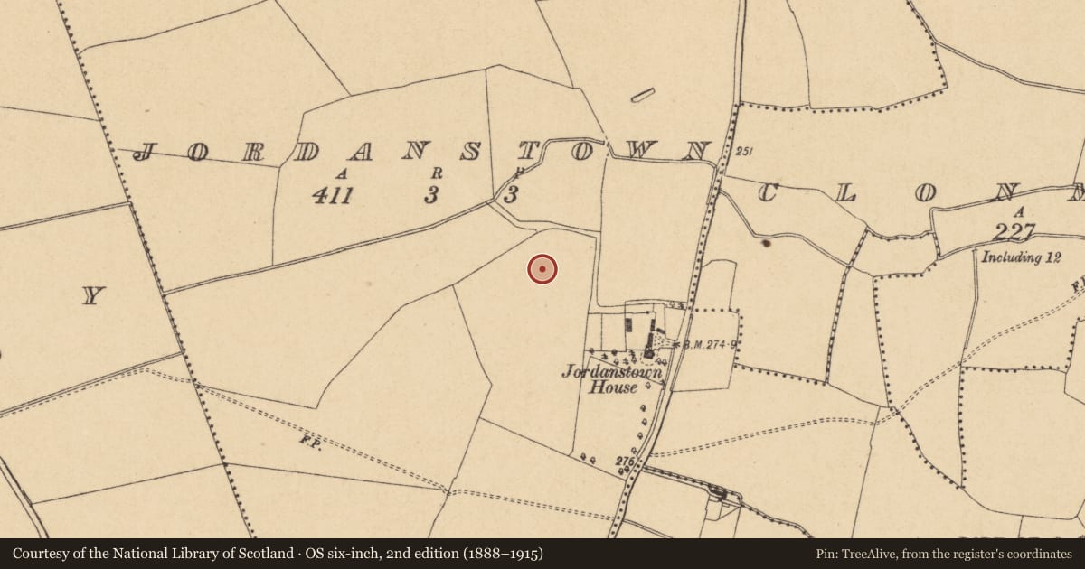 Ordnance Survey six-inch map, 2nd edition (1888–1915) covering the location of Ring-ditch, Jordanstown, County Dublin, with a pin at the register's coordinates