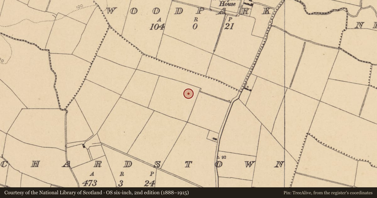 Ordnance Survey six-inch map, 2nd edition (1888–1915) covering the location of Ring-ditch, Baldrumman, County Dublin, with a pin at the register's coordinates