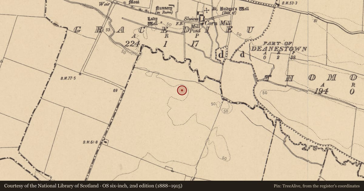 Ordnance Survey six-inch map, 2nd edition (1888–1915) covering the location of Enclosure, Deanestown, County Dublin, with a pin at the register's coordinates