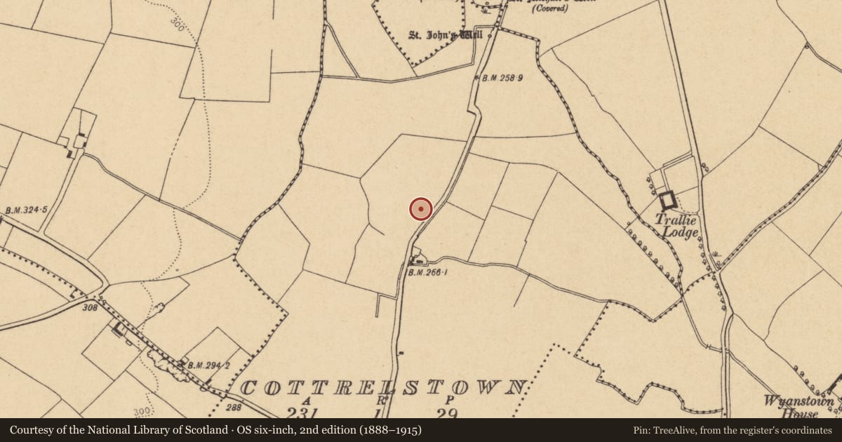 Ordnance Survey six-inch map, 2nd edition (1888–1915) covering the location of Earthwork, Cottrelstown, County Dublin, with a pin at the register's coordinates