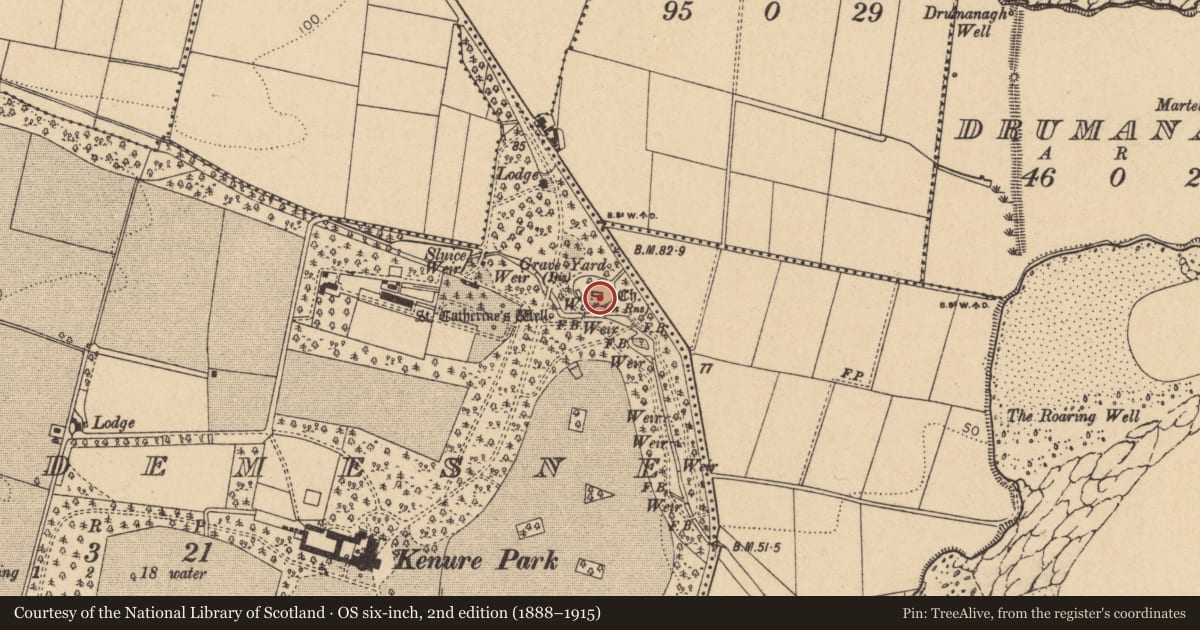 Ordnance Survey six-inch map, 2nd edition (1888–1915) covering the location of Church, Rush Demesne, County Dublin, with a pin at the register's coordinates
