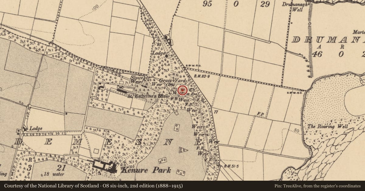 Ordnance Survey six-inch map, 2nd edition (1888–1915) covering the location of Tomb - unclassified, Rush Demesne, County Dublin, with a pin at the register's coordinates