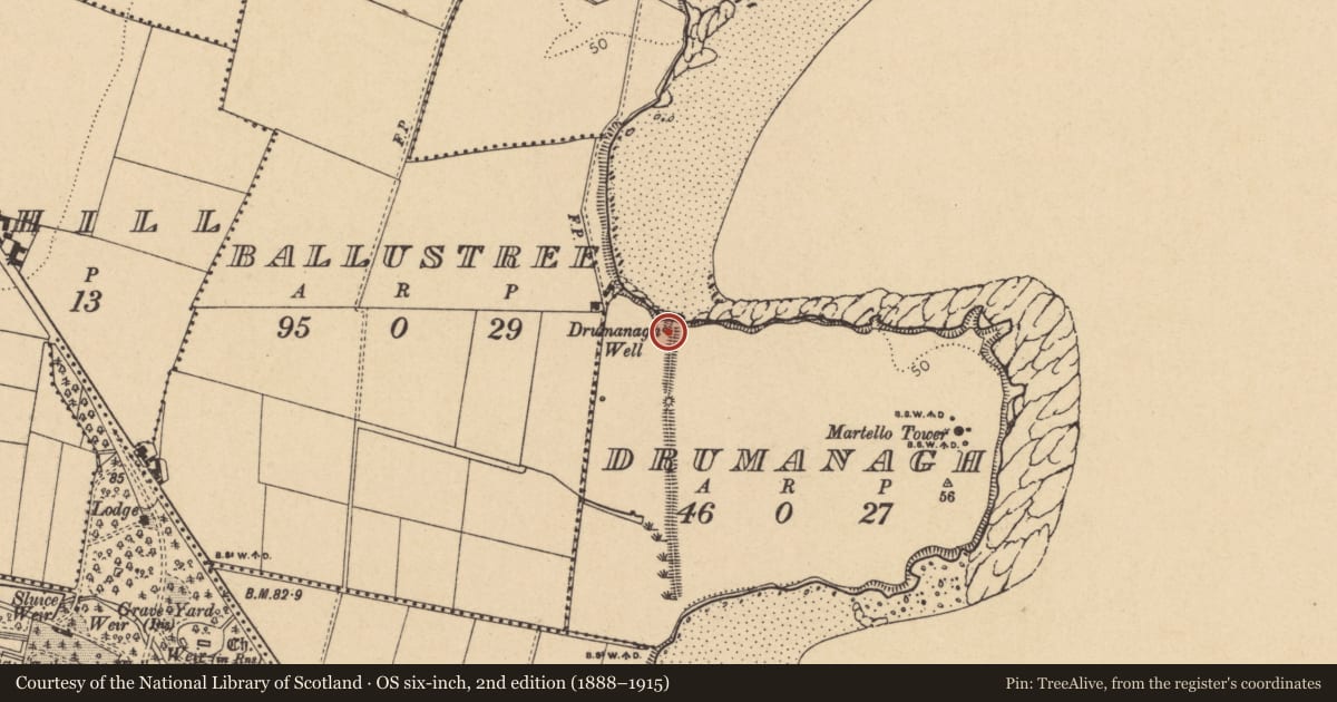 Ordnance Survey six-inch map, 2nd edition (1888–1915) covering the location of Well, Drumanagh, County Dublin, with a pin at the register's coordinates