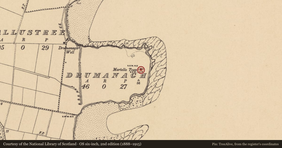 Ordnance Survey six-inch map, 2nd edition (1888–1915) covering the location of Martello tower, Drumanagh, County Dublin, with a pin at the register's coordinates