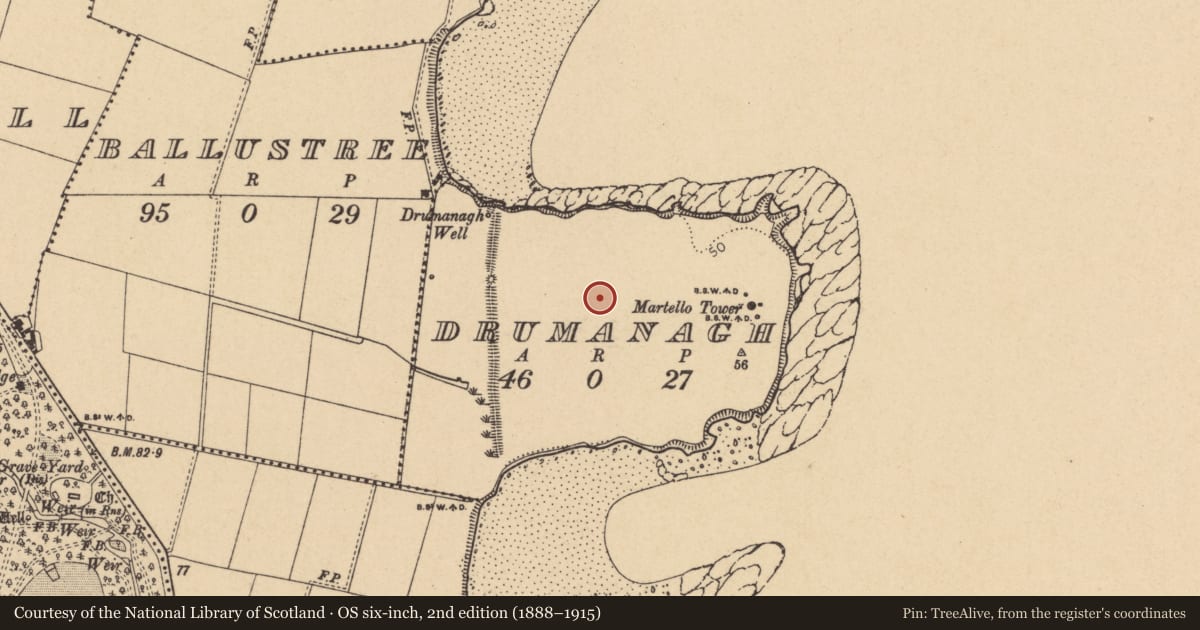Ordnance Survey six-inch map, 2nd edition (1888–1915) covering the location of Enclosure, Drumanagh, County Dublin, with a pin at the register's coordinates