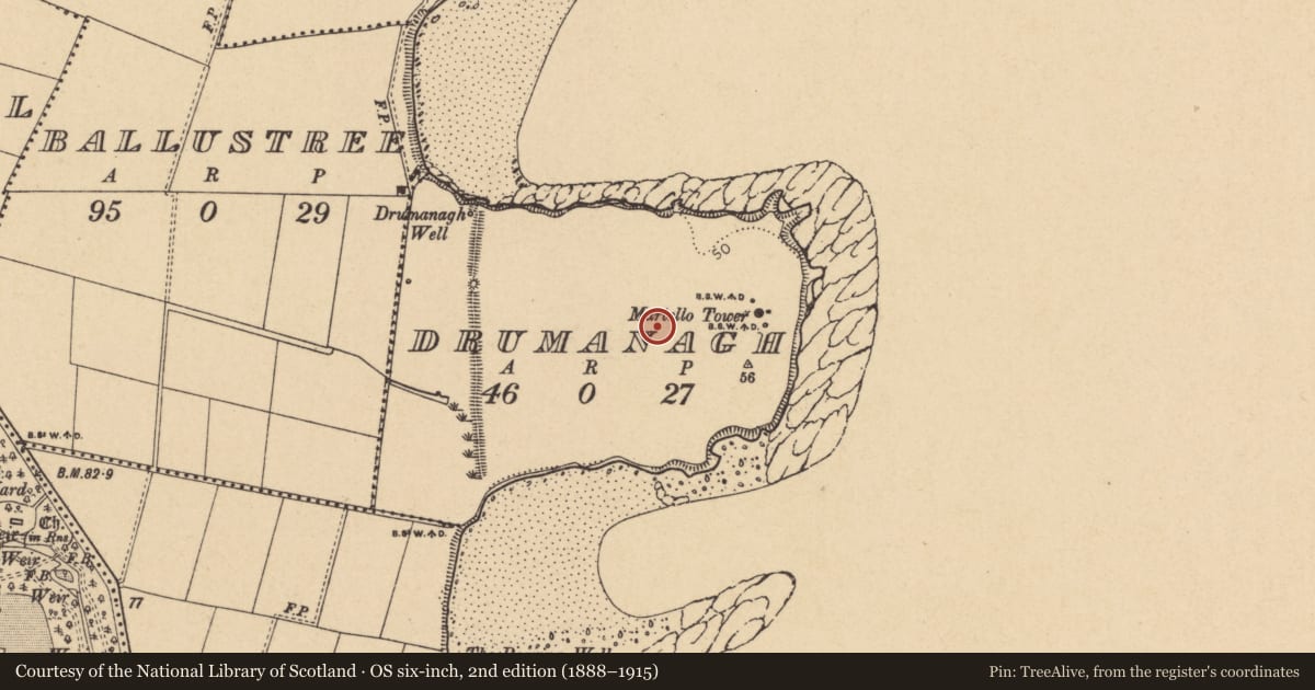 Ordnance Survey six-inch map, 2nd edition (1888–1915) covering the location of Enclosure, Drumanagh, County Dublin, with a pin at the register's coordinates