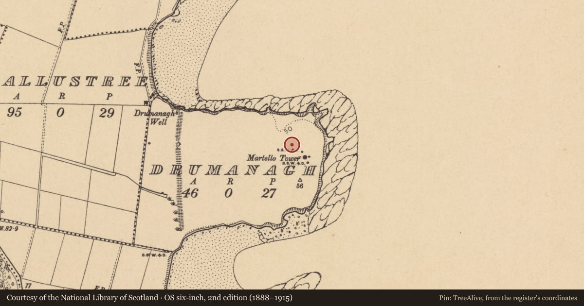 Ordnance Survey six-inch map, 2nd edition (1888–1915) covering the location of Ring-ditch, Drumanagh, County Dublin, with a pin at the register's coordinates