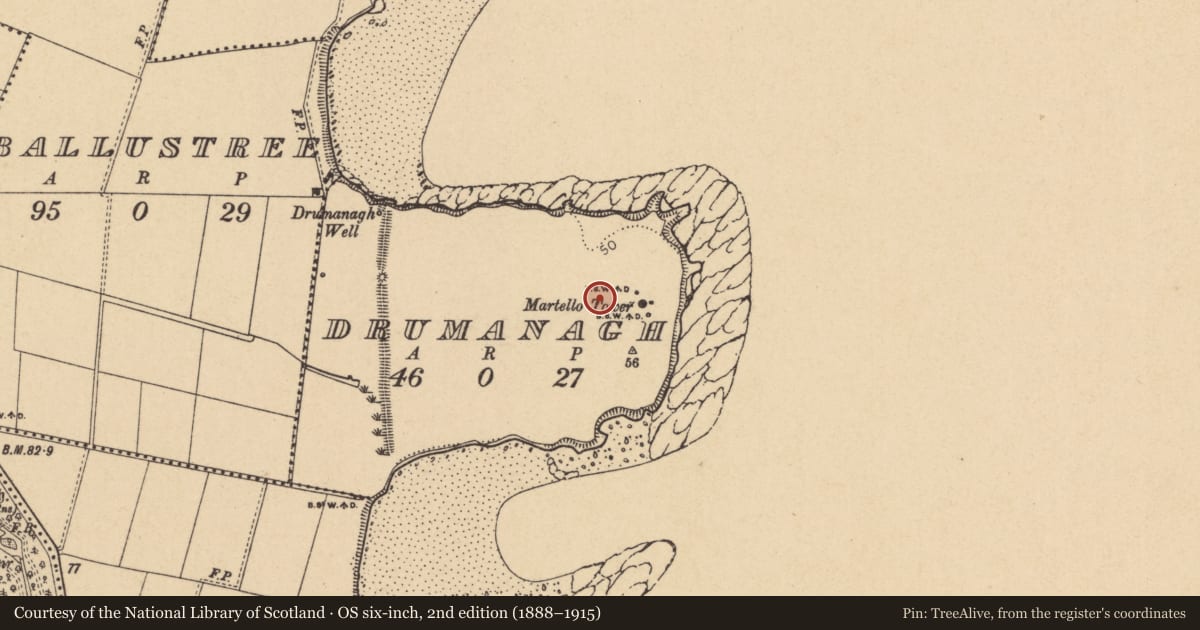 Ordnance Survey six-inch map, 2nd edition (1888–1915) covering the location of Ring-ditch, Drumanagh, County Dublin, with a pin at the register's coordinates
