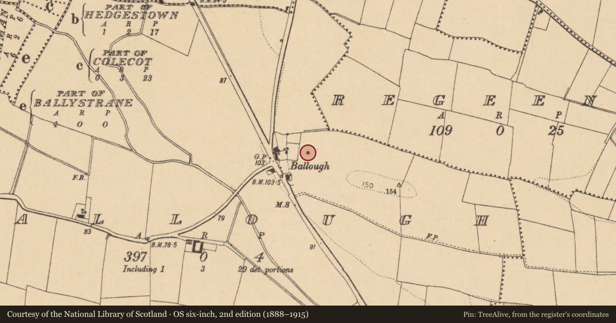 Ordnance Survey six-inch map, 2nd edition (1888–1915) covering the location of Windmill, Ballough, County Dublin, with a pin at the register's coordinates