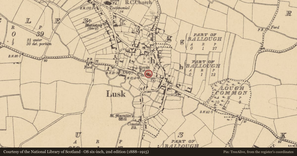 Ordnance Survey six-inch map, 2nd edition (1888–1915) covering the location of Round tower, Lusk, County Dublin, with a pin at the register's coordinates