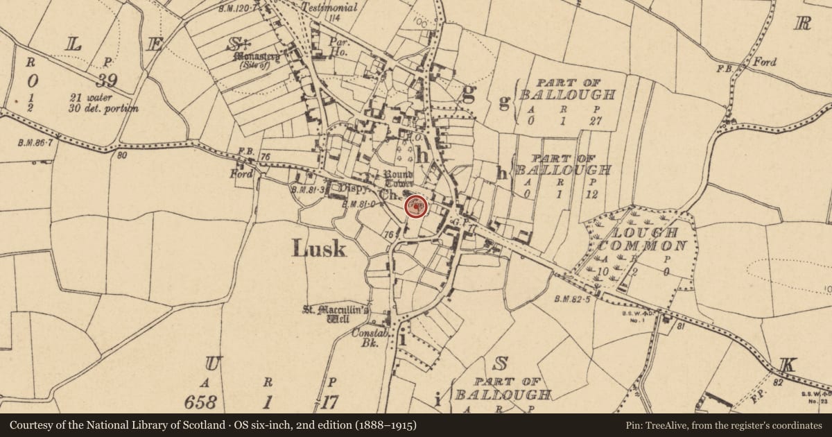 Ordnance Survey six-inch map, 2nd edition (1888–1915) covering the location of Graveyard, Lusk, County Dublin, with a pin at the register's coordinates