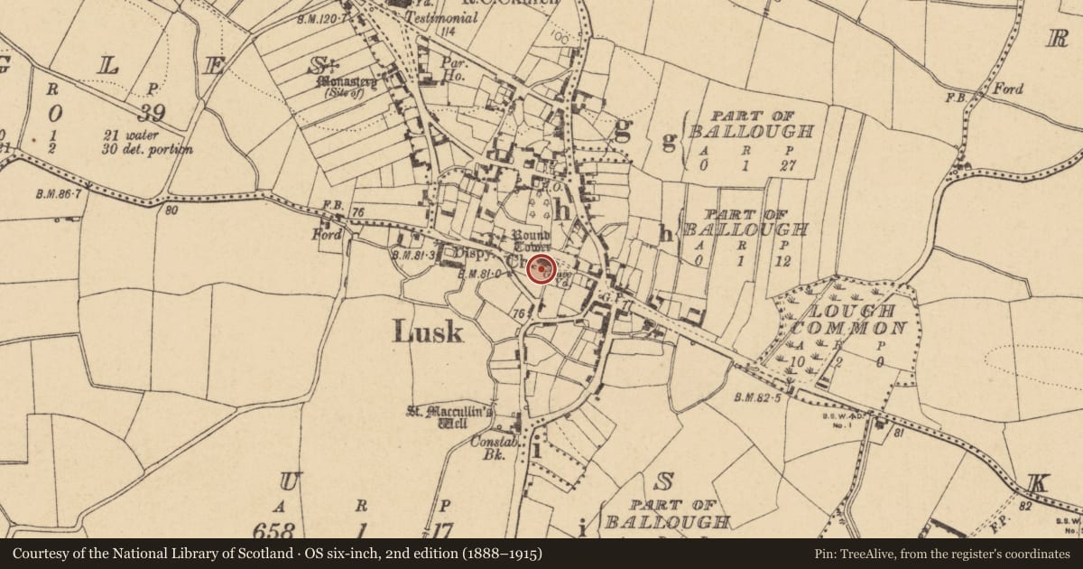 Ordnance Survey six-inch map, 2nd edition (1888–1915) covering the location of Ecclesiastical enclosure, Lusk, County Dublin, with a pin at the register's coordinates