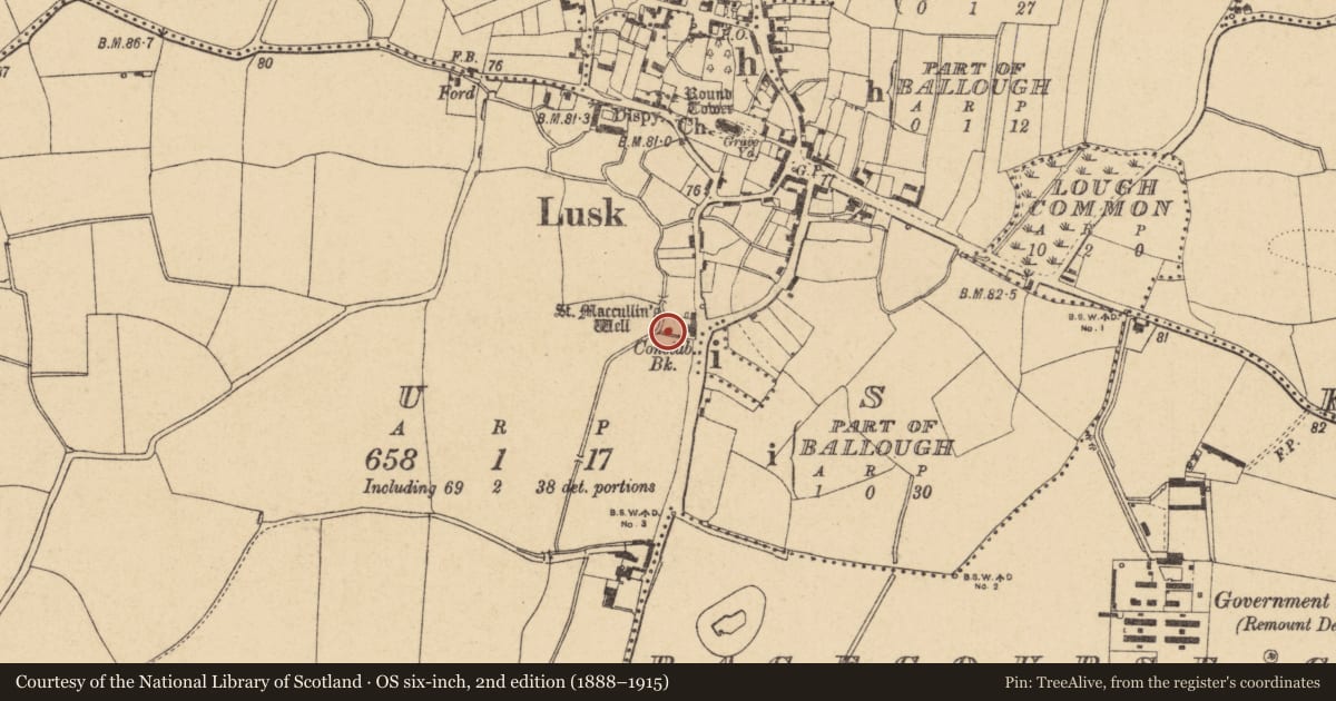 Ordnance Survey six-inch map, 2nd edition (1888–1915) covering the location of Ritual site - holy well, Lusk, County Dublin, with a pin at the register's coordinates