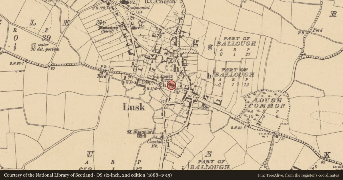 Ordnance Survey six-inch map, 2nd edition (1888–1915) covering the location of Sheela-na-gig, Lusk, County Dublin, with a pin at the register's coordinates