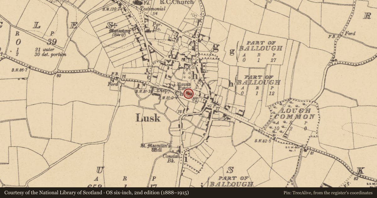 Ordnance Survey six-inch map, 2nd edition (1888–1915) covering the location of Tomb - effigial (present location), Lusk, County Dublin, with a pin at the register's coordinates