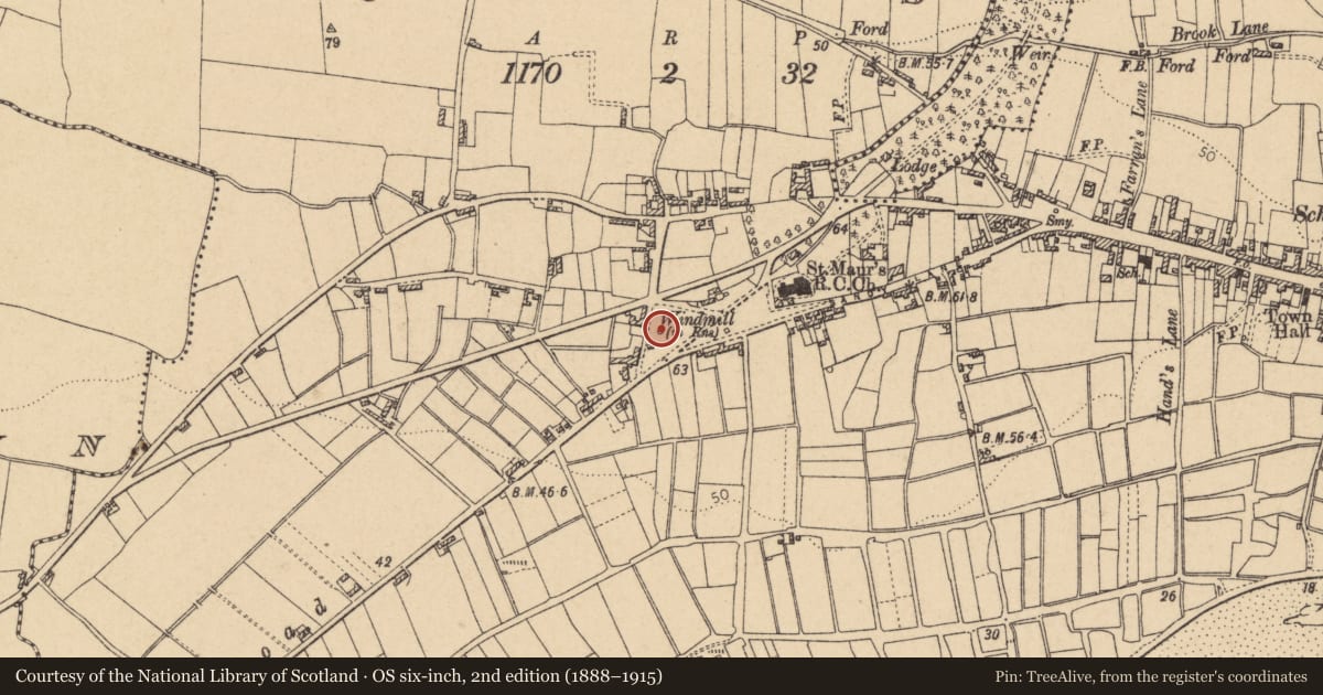 Ordnance Survey six-inch map, 2nd edition (1888–1915) covering the location of Windmill, Rush, County Dublin, with a pin at the register's coordinates