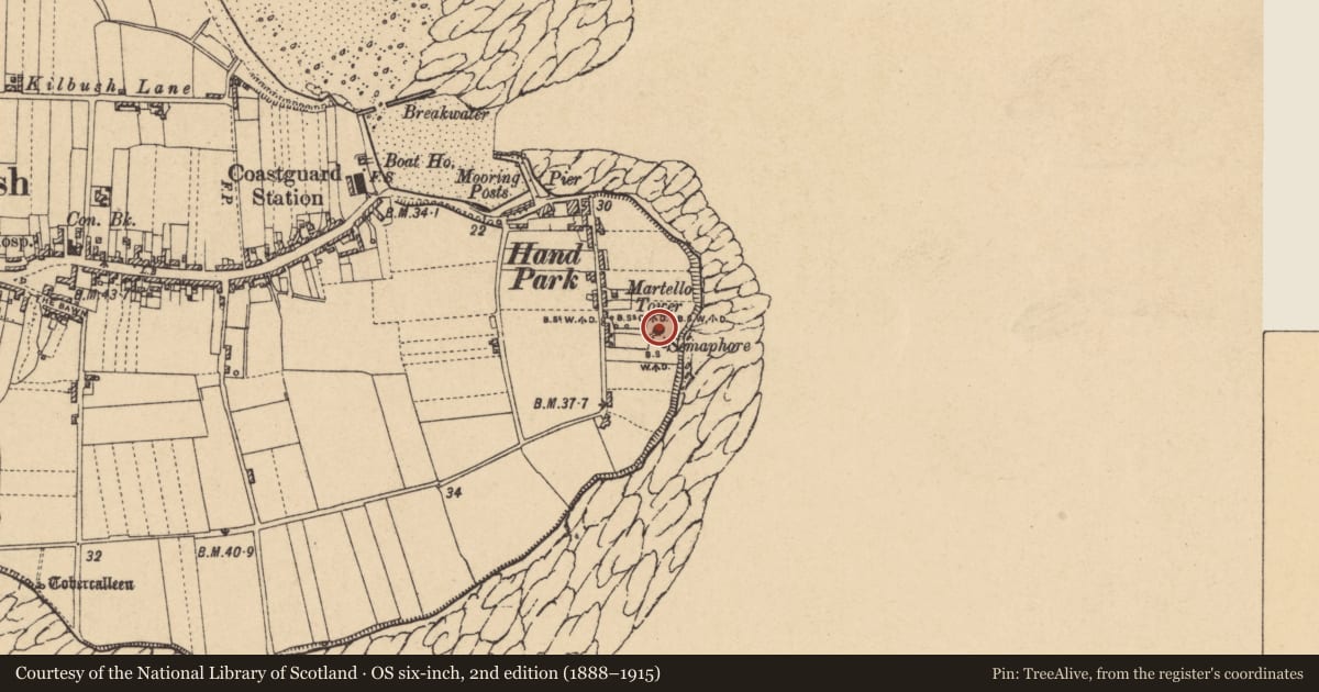 Ordnance Survey six-inch map, 2nd edition (1888–1915) covering the location of Martello tower, Rush, County Dublin, with a pin at the register's coordinates