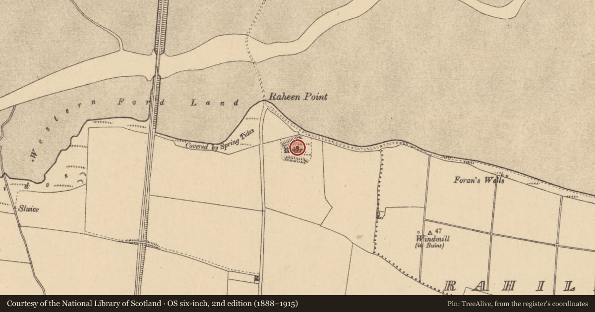 Ordnance Survey six-inch map, 2nd edition (1888–1915) covering the location of Quay, Beaverstown, County Dublin, with a pin at the register's coordinates