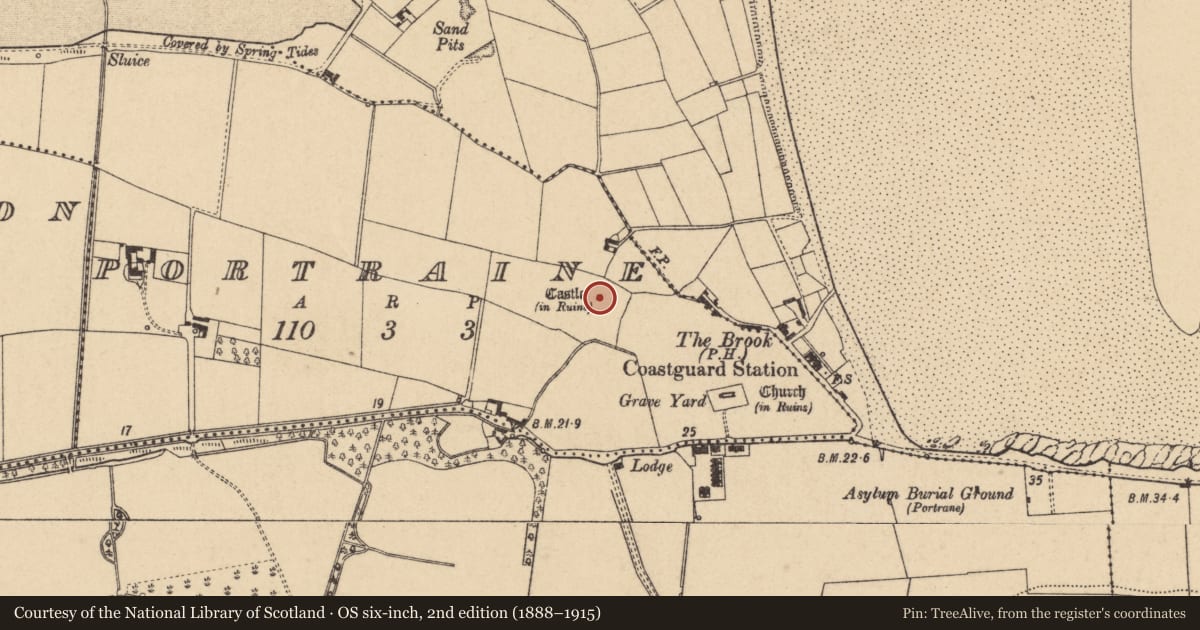 Ordnance Survey six-inch map, 2nd edition (1888–1915) covering the location of Castle - tower house, Portraine, County Dublin, with a pin at the register's coordinates