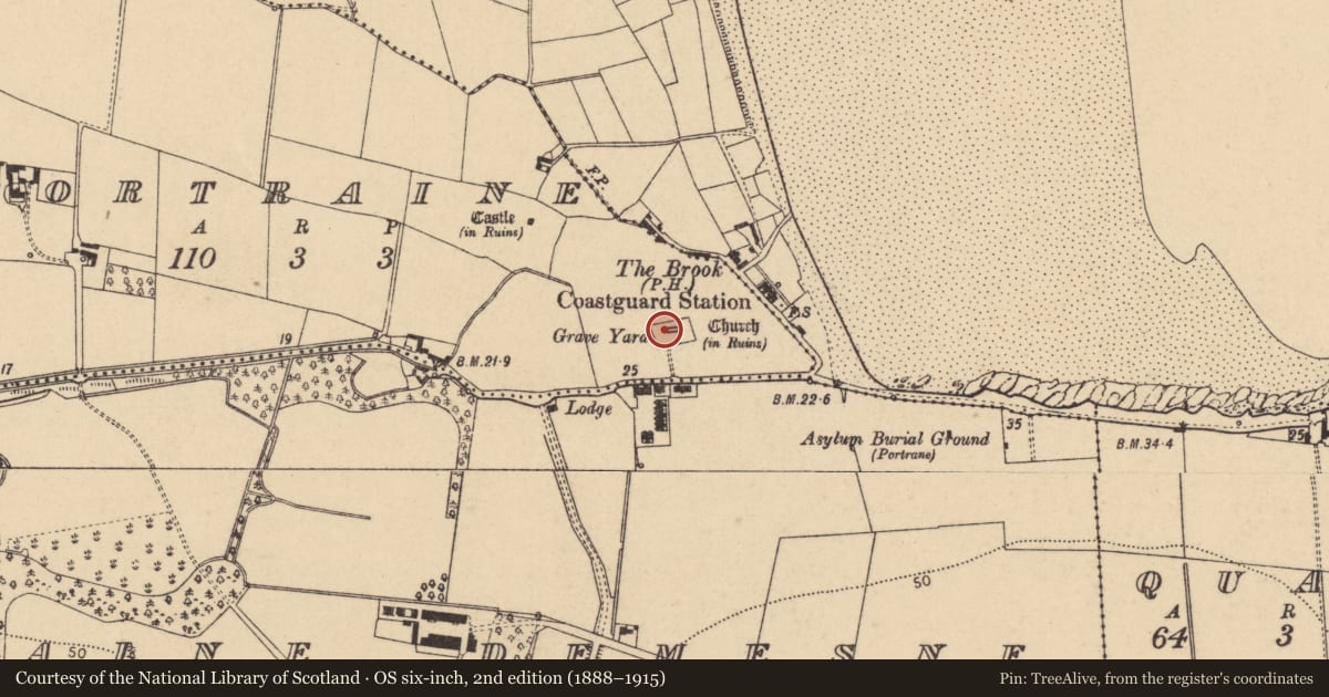 Ordnance Survey six-inch map, 2nd edition (1888–1915) covering the location of Bullaun stone, Portraine, County Dublin, with a pin at the register's coordinates