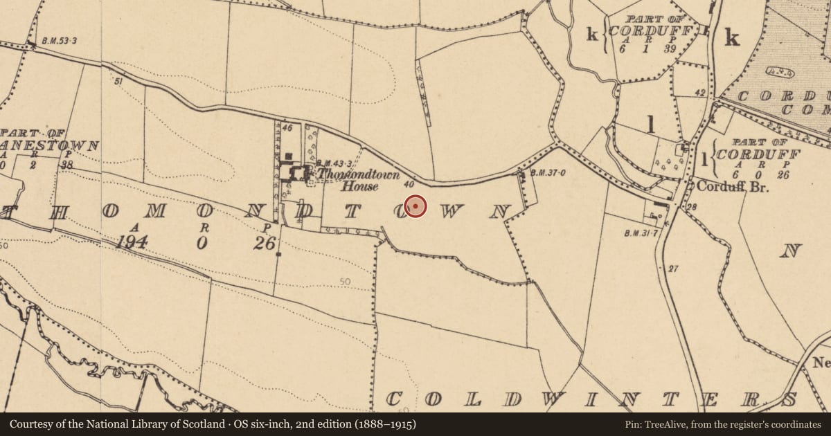 Ordnance Survey six-inch map, 2nd edition (1888–1915) covering the location of Fulacht fia, Thomondtown, County Dublin, with a pin at the register's coordinates