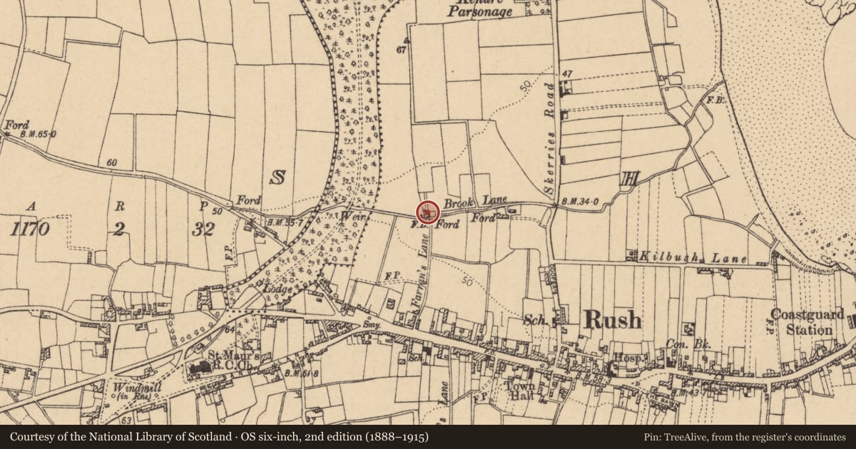 Ordnance Survey six-inch map, 2nd edition (1888–1915) covering the location of Excavation - miscellaneous, Rush, County Dublin, with a pin at the register's coordinates