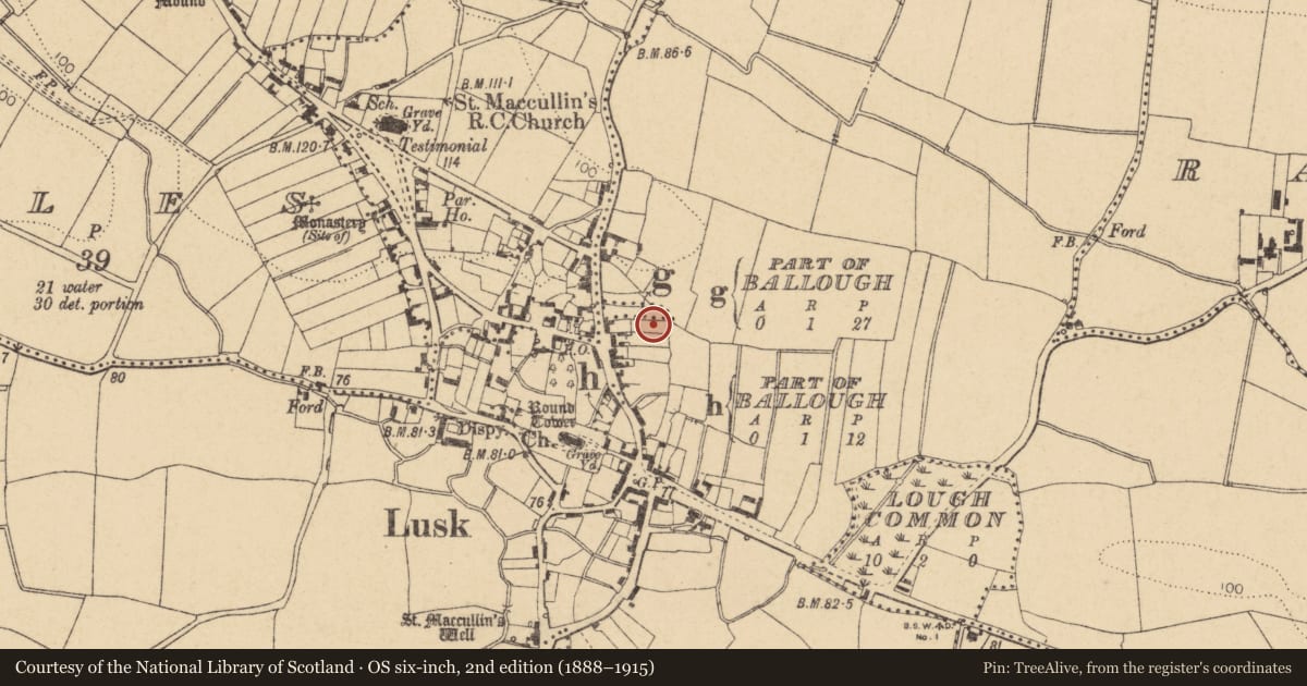 Ordnance Survey six-inch map, 2nd edition (1888–1915) covering the location of Kiln, Lusk, County Dublin, with a pin at the register's coordinates