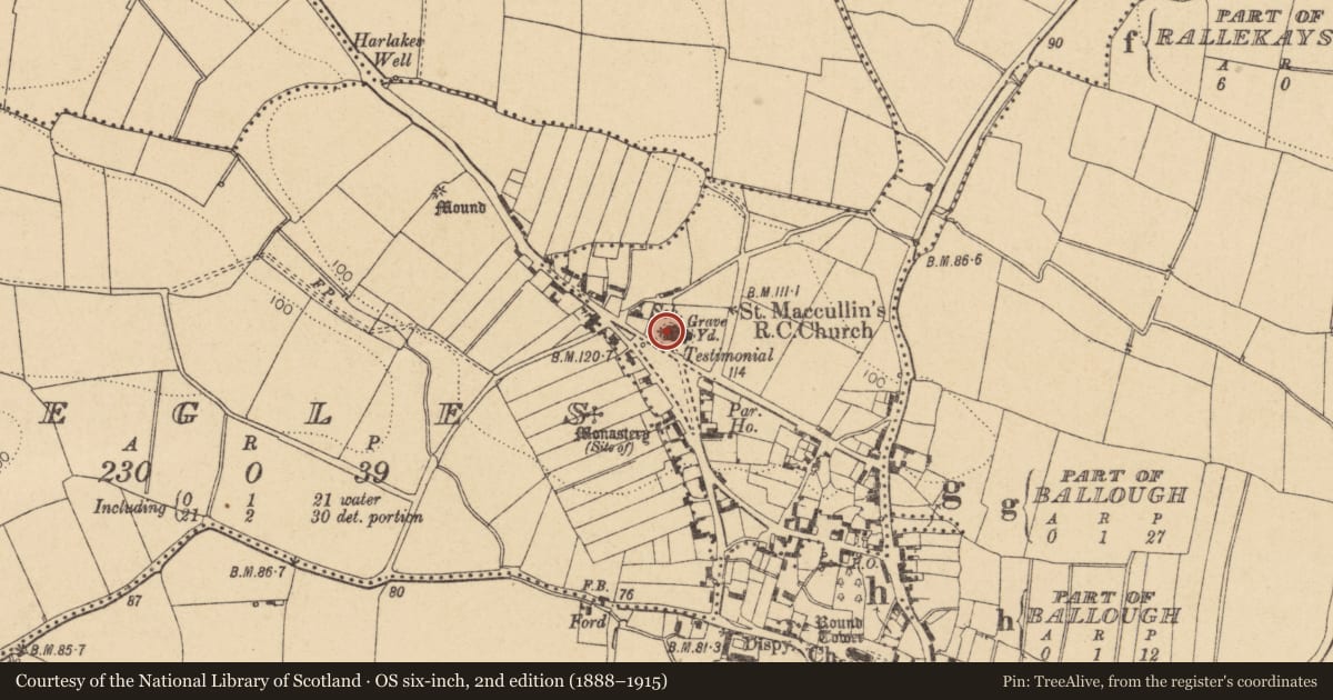 Ordnance Survey six-inch map, 2nd edition (1888–1915) covering the location of Bullaun stone (present location), Greatcommon, County Dublin, with a pin at the register's coordinates