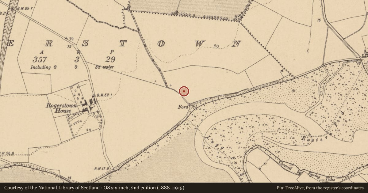 Ordnance Survey six-inch map, 2nd edition (1888–1915) covering the location of Enclosure, Rogerstown, County Dublin, with a pin at the register's coordinates