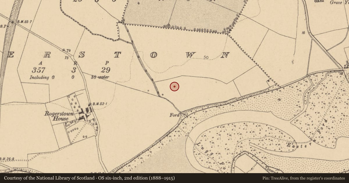 Ordnance Survey six-inch map, 2nd edition (1888–1915) covering the location of Field system, Rogerstown, County Dublin, with a pin at the register's coordinates