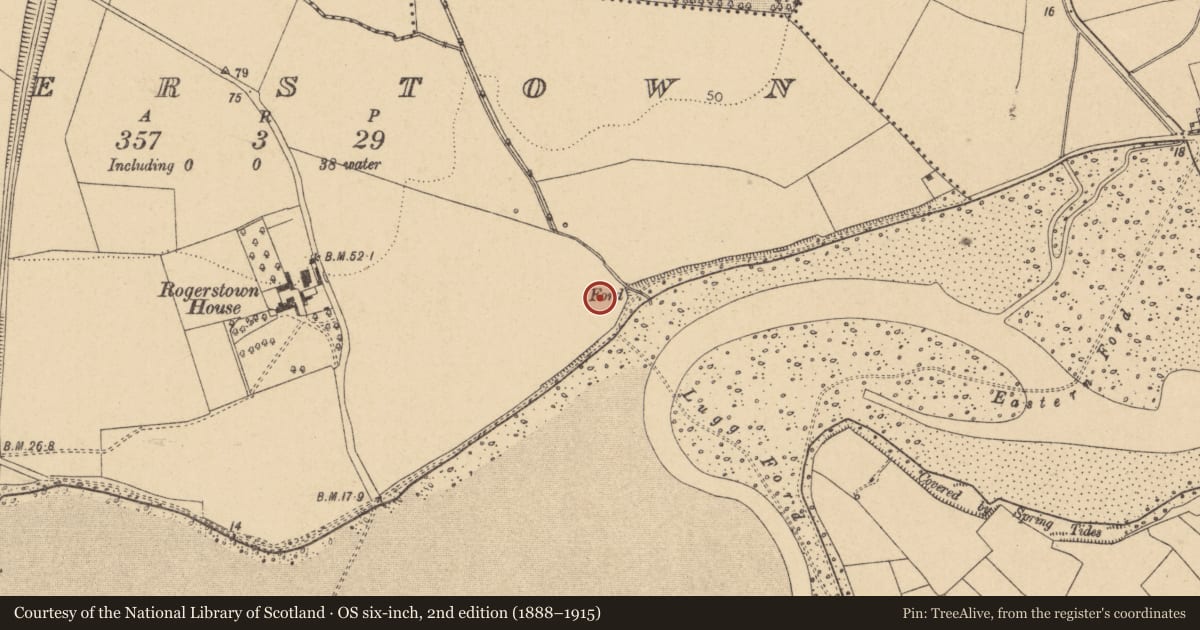 Ordnance Survey six-inch map, 2nd edition (1888–1915) covering the location of Enclosure, Rogerstown, County Dublin, with a pin at the register's coordinates