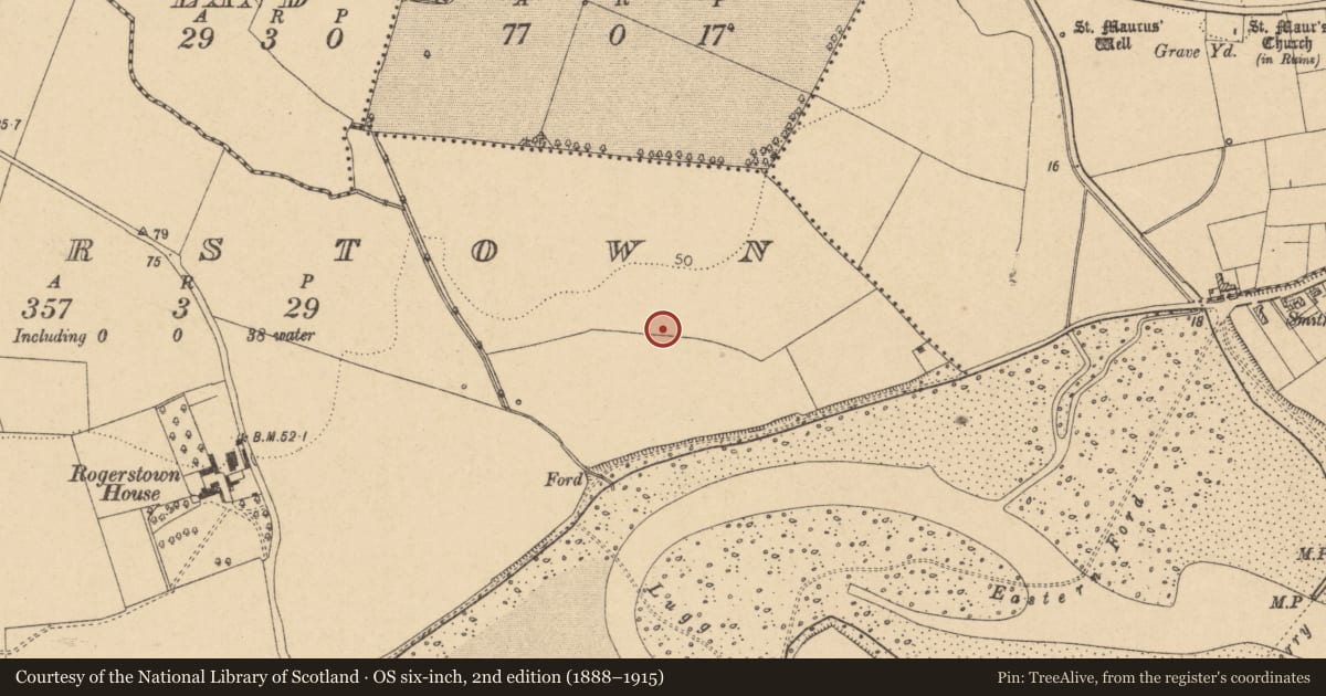 Ordnance Survey six-inch map, 2nd edition (1888–1915) covering the location of Enclosure, Rogerstown, County Dublin, with a pin at the register's coordinates