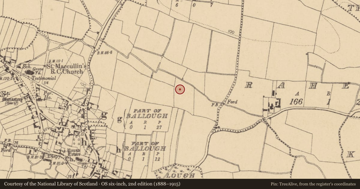 Ordnance Survey six-inch map, 2nd edition (1888–1915) covering the location of Fulacht fia, Lusk, County Dublin, with a pin at the register's coordinates