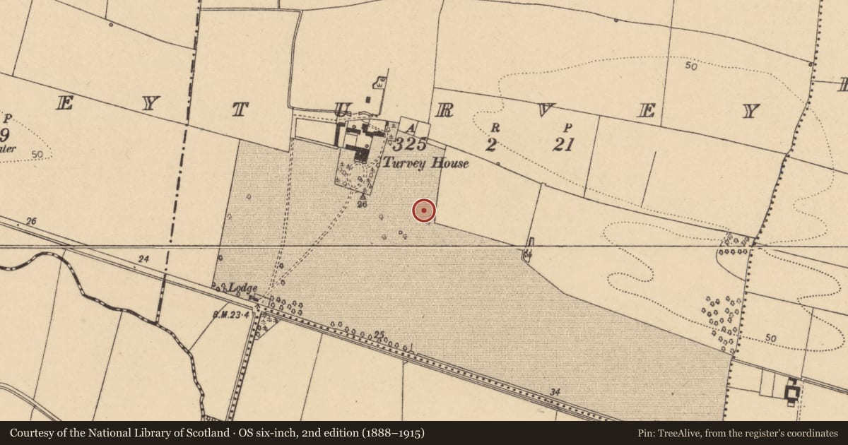 Ordnance Survey six-inch map, 2nd edition (1888–1915) covering the location of Burial, Turvey, County Dublin, with a pin at the register's coordinates