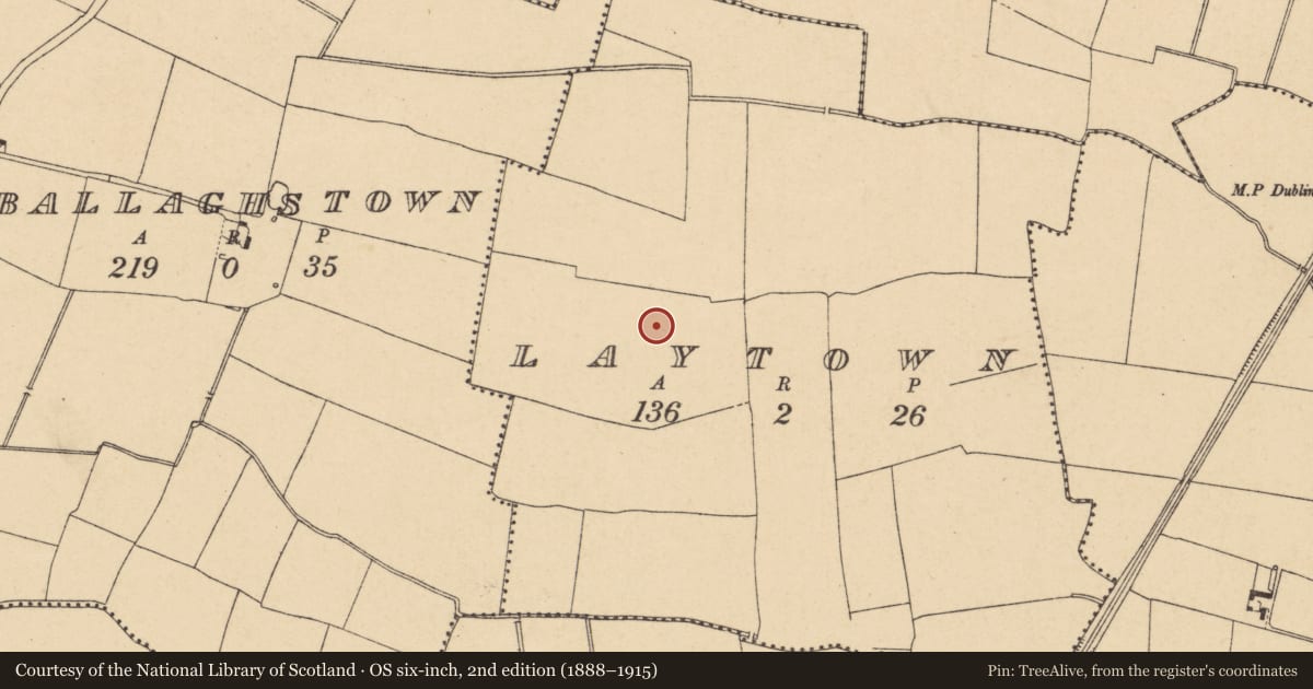 Ordnance Survey six-inch map, 2nd edition (1888–1915) covering the location of Enclosure, Laytown, County Dublin, with a pin at the register's coordinates