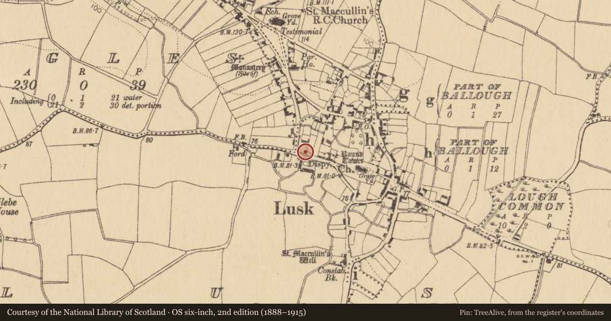 Ordnance Survey six-inch map, 2nd edition (1888–1915) covering the location of Burial, Lusk, County Dublin, with a pin at the register's coordinates