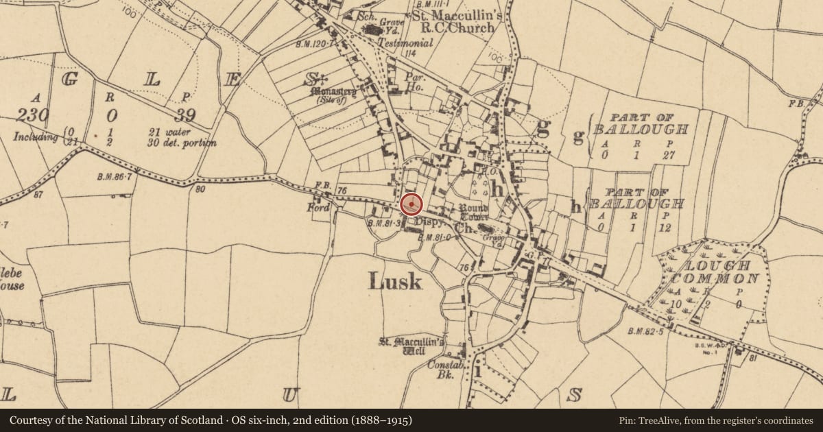Ordnance Survey six-inch map, 2nd edition (1888–1915) covering the location of Souterrain, Lusk, County Dublin, with a pin at the register's coordinates