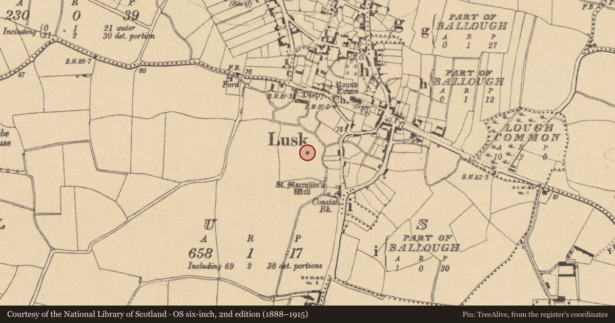 Ordnance Survey six-inch map, 2nd edition (1888–1915) covering the location of Habitation site, Lusk, County Dublin, with a pin at the register's coordinates
