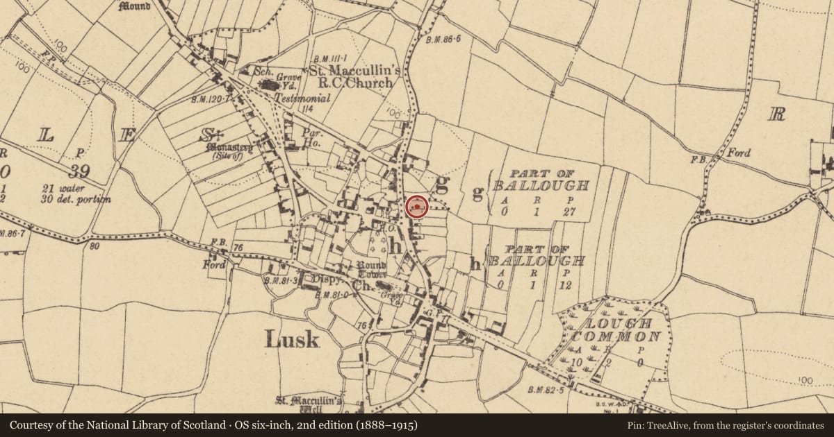 Ordnance Survey six-inch map, 2nd edition (1888–1915) covering the location of Habitation site, Ballough (G, Part of), County Dublin, with a pin at the register's coordinates
