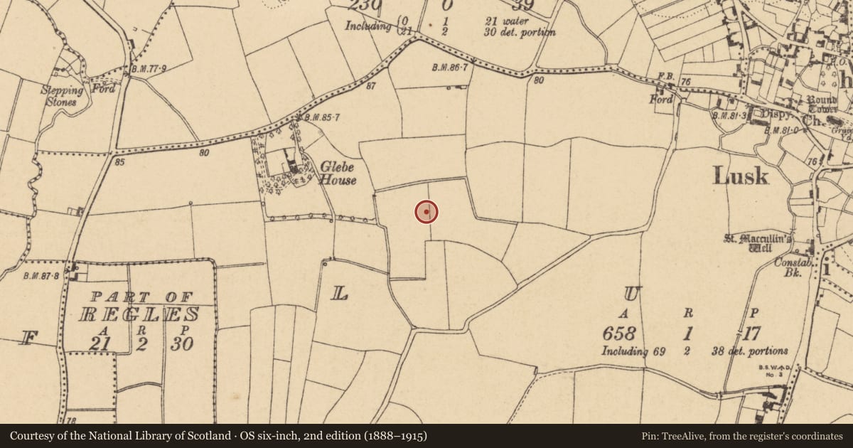Ordnance Survey six-inch map, 2nd edition (1888–1915) covering the location of House - early medieval, Lusk, County Dublin, with a pin at the register's coordinates