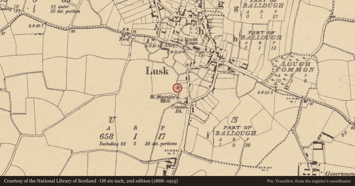 Ordnance Survey six-inch map, 2nd edition (1888–1915) covering the location of Excavation - miscellaneous, Lusk, County Dublin, with a pin at the register's coordinates