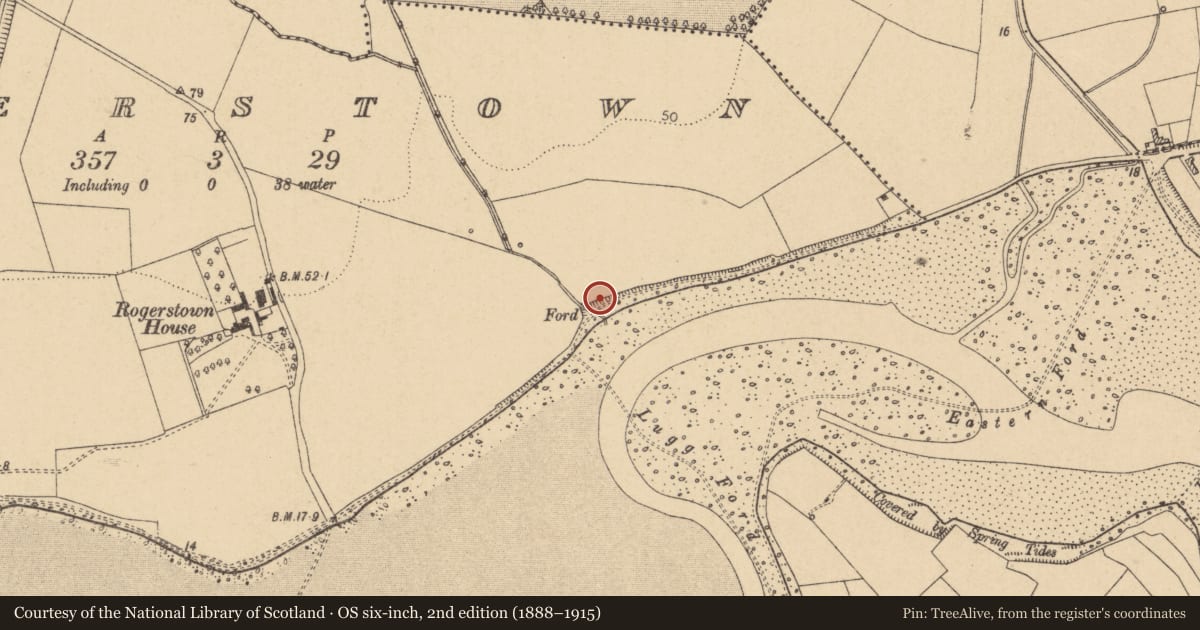 Ordnance Survey six-inch map, 2nd edition (1888–1915) covering the location of Burial, Rogerstown, County Dublin, with a pin at the register's coordinates